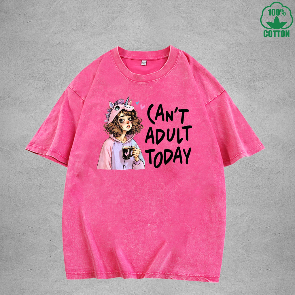 Can't Adult TodayInterest Printed Washed T-Shirt 230G Loose Trendy Fashionable 100%Cotton Short Sleeve Top