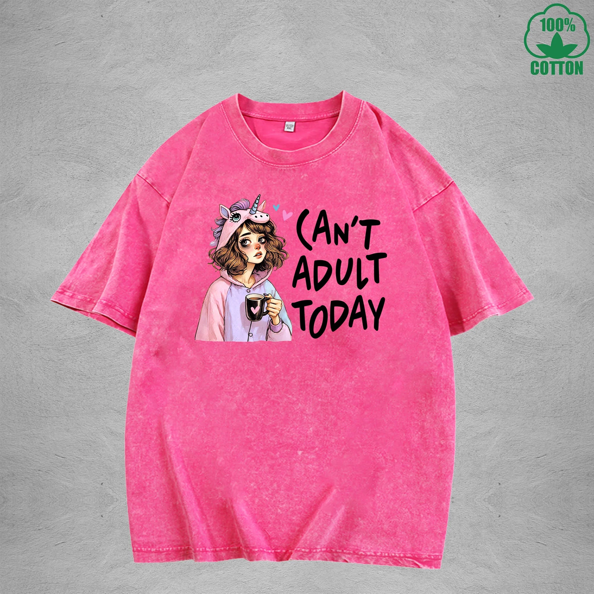 Can't Adult TodayInterest Printed Washed T-Shirt 230G Loose Trendy Fashionable 100%Cotton Short Sleeve Top