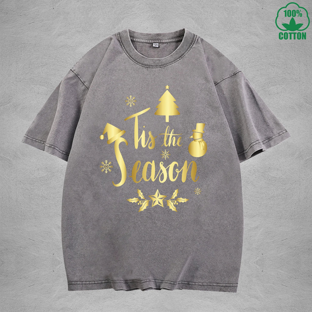 Merry Christmas Interest Printed Washed T-Shirt 230G Multicolor Loose Trendy Fashionable 100%Cotton Short Sleeve Top