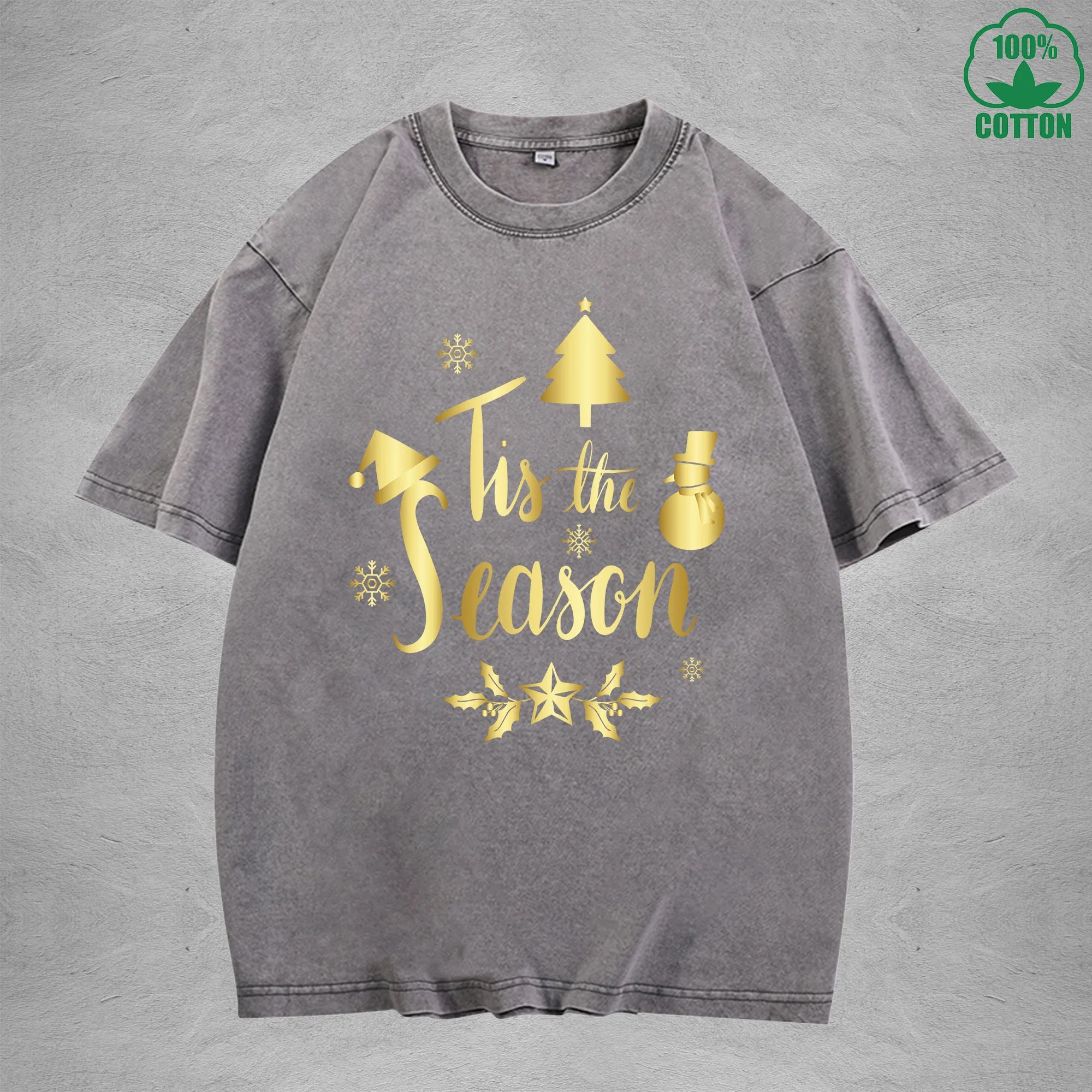 Merry Christmas Interest Printed Washed T-Shirt 230G Multicolor Loose Trendy Fashionable 100%Cotton Short Sleeve Top