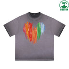 Colorful Heart Printed Dirty WashT-Shirt 230G Multicolor Loose Trendy Short Sleeves Fashionable 100%Cotton Top