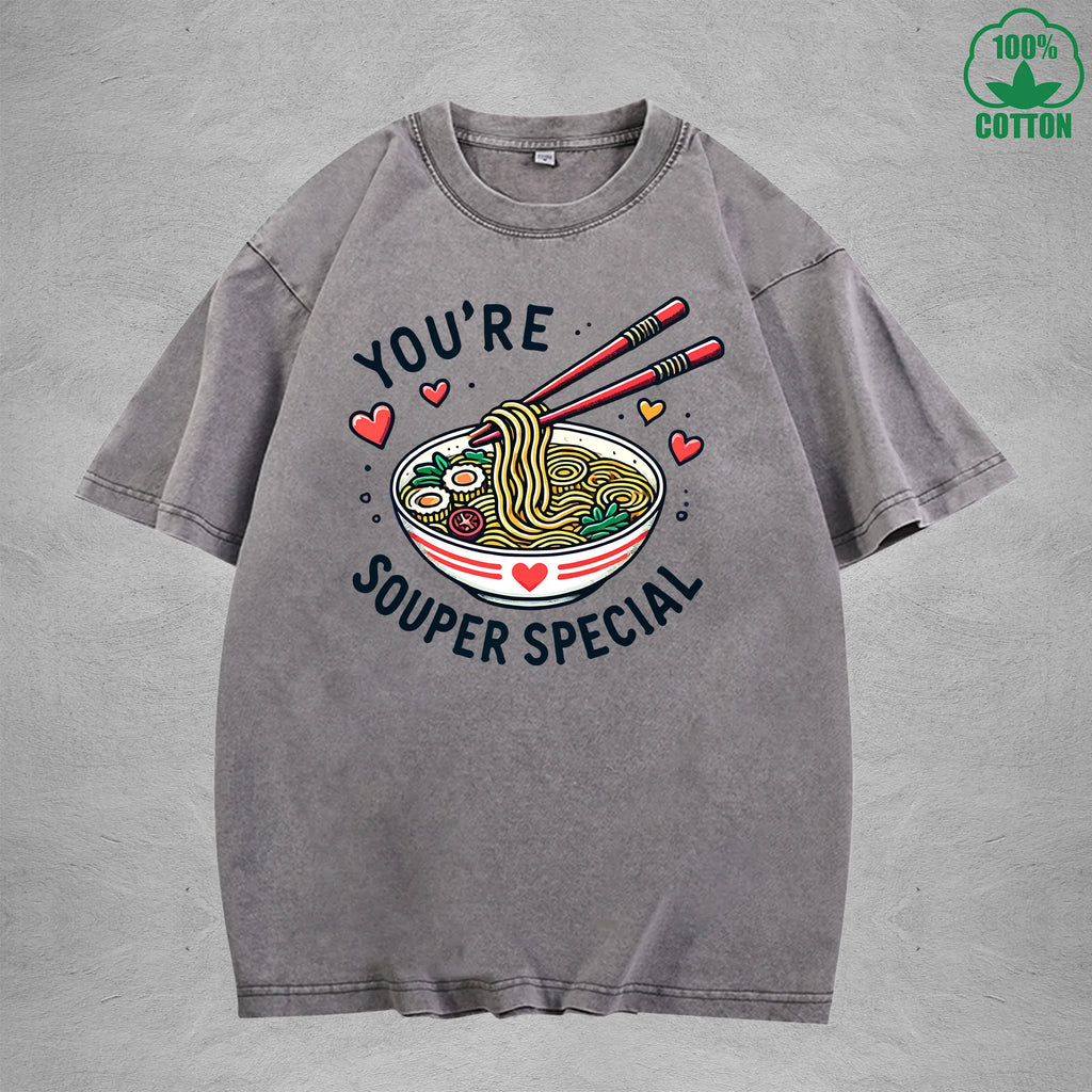 Youre Souper SpecialInterest Printed Washed T-Shirt 230G Loose Trendy Fashionable 100%Cotton Short Sleeve Top