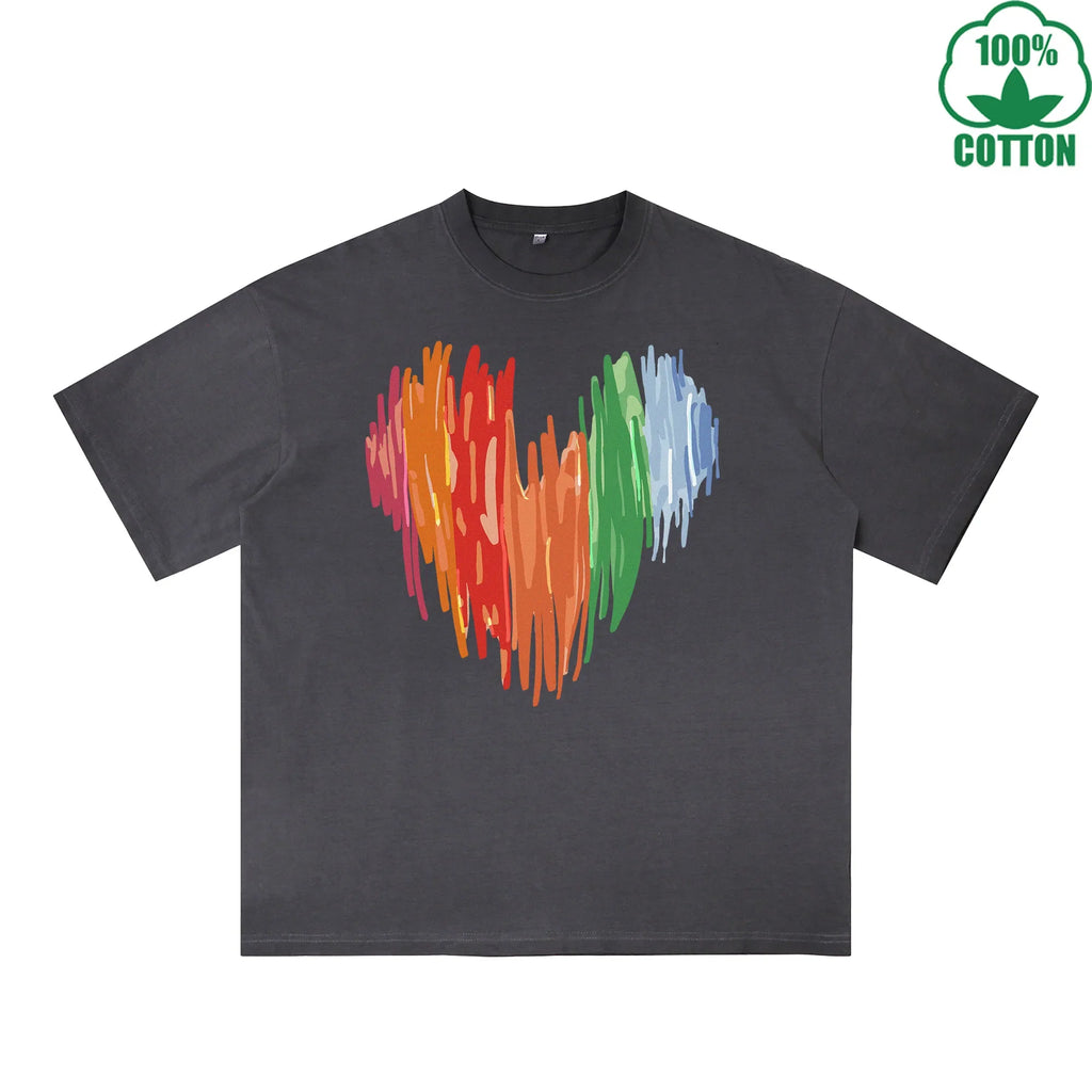 Colorful Heart Printed Dirty WashT-Shirt 230G Multicolor Loose Trendy Short Sleeves Fashionable 100%Cotton Top