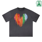 Colorful Heart Printed Dirty WashT-Shirt 230G Multicolor Loose Trendy Short Sleeves Fashionable 100%Cotton Top
