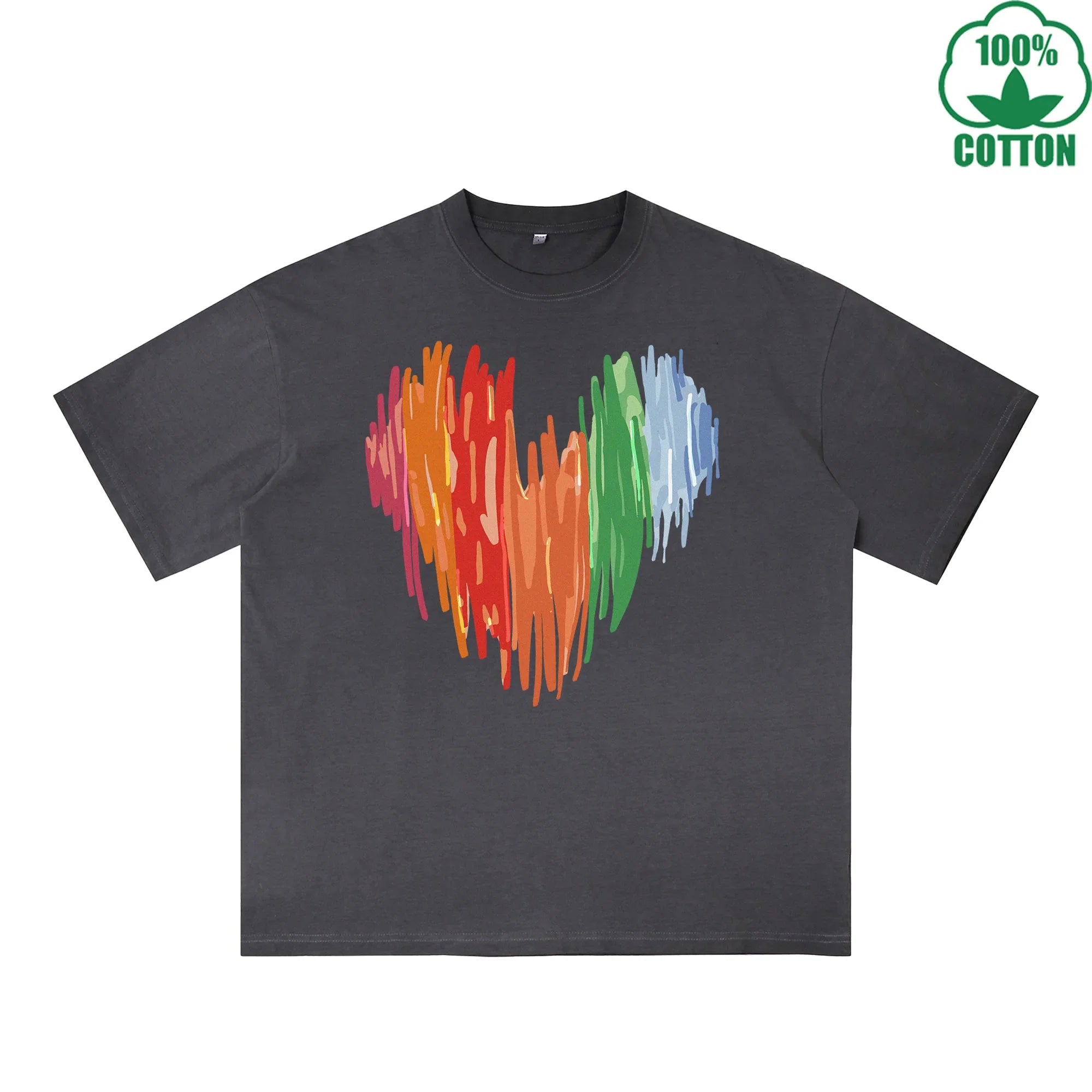 Colorful Heart Printed Dirty WashT-Shirt 230G Multicolor Loose Trendy Short Sleeves Fashionable 100%Cotton Top