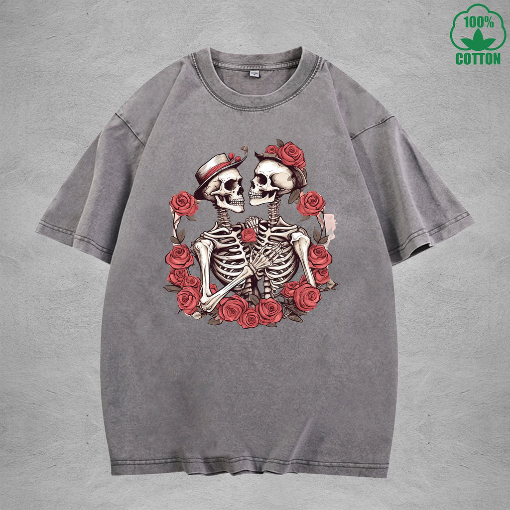 Romantic Skeleton Interesting Printed Washed T-Shirt 230G Multicolor Loose Trendy Fashionable Cotton Short Sleeve Top