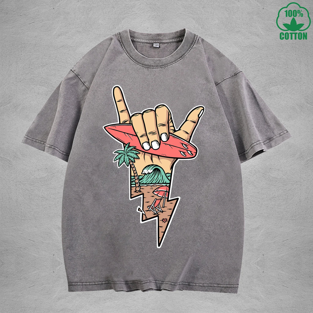 Lightning Surfing Interest Printed Washed T-Shirt 230G Multicolor Loose Trendy Fashionable 100%Cotton Short Sleeve Top