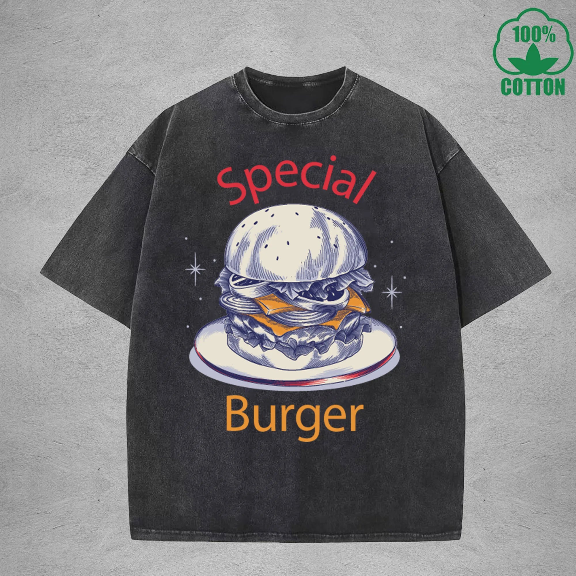 Special Burger American Retro 230G Washed T-Shirt Available in Multiple Colors Fashionable Pure Cotton Short Sleeve
