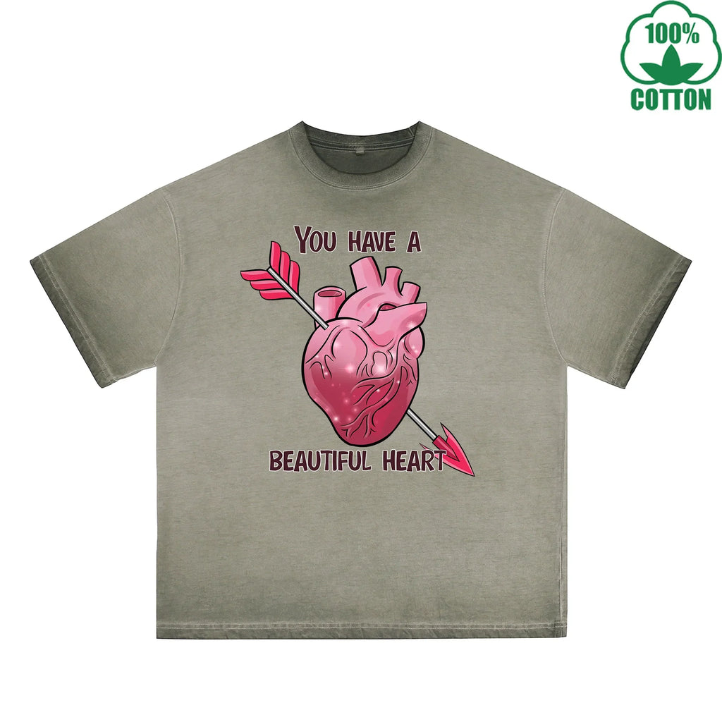 You Have a Beautiful Printed Dirty Wash T-Shirt 230G Multicolor Loose Trendy Fashionable 100%Cotton Short Sleeve Top
