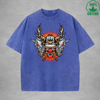 Hell Warrior Interest Printed Washed T-Shirt 230G Multicolor Loose Trendy Fashionable 100%Cotton Short Sleeve Top