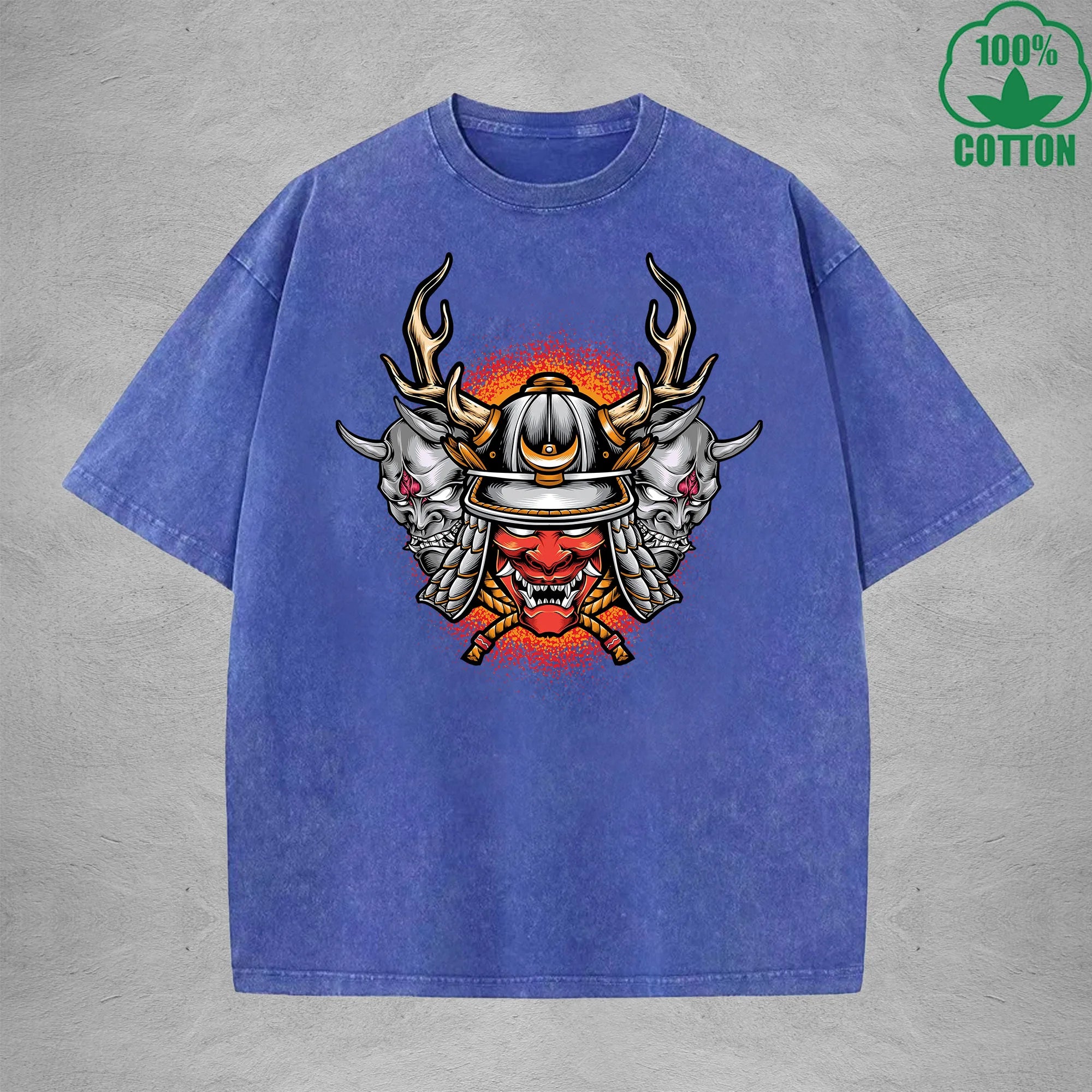 Hell Warrior Interest Printed Washed T-Shirt 230G Multicolor Loose Trendy Fashionable 100%Cotton Short Sleeve Top