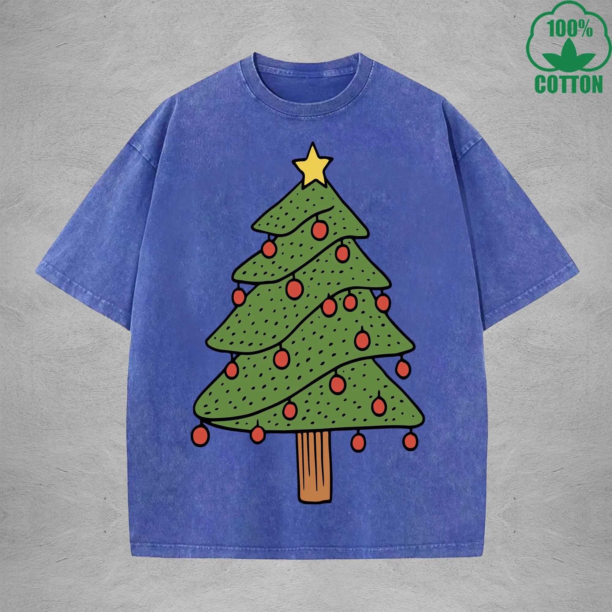 Christmas Tree Interest Printed Washed T-Shirt 230G Multicolor Loose Trendy Fashionable 100%Cotton Short Sleeve Top