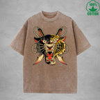 Two Faced TigerInterest Printed Washed T-Shirt 230G Multicolor Loose Trendy Fashionable 100%Cotton Short Sleeve Top