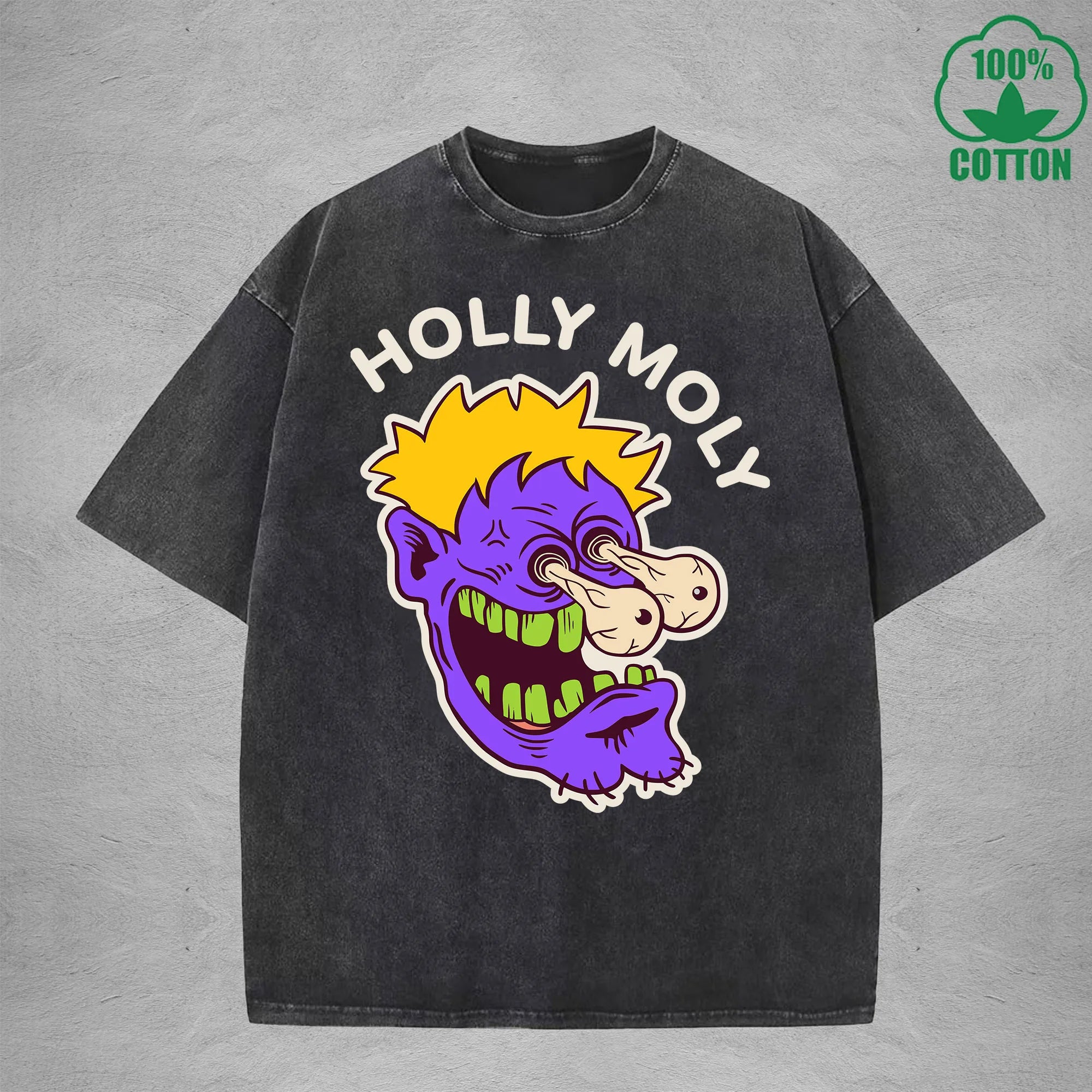 Holly MolyInterest Printed Washed T-Shirt 230G Loose Trendy Fashionable 100%Cotton Short Sleeve Top
