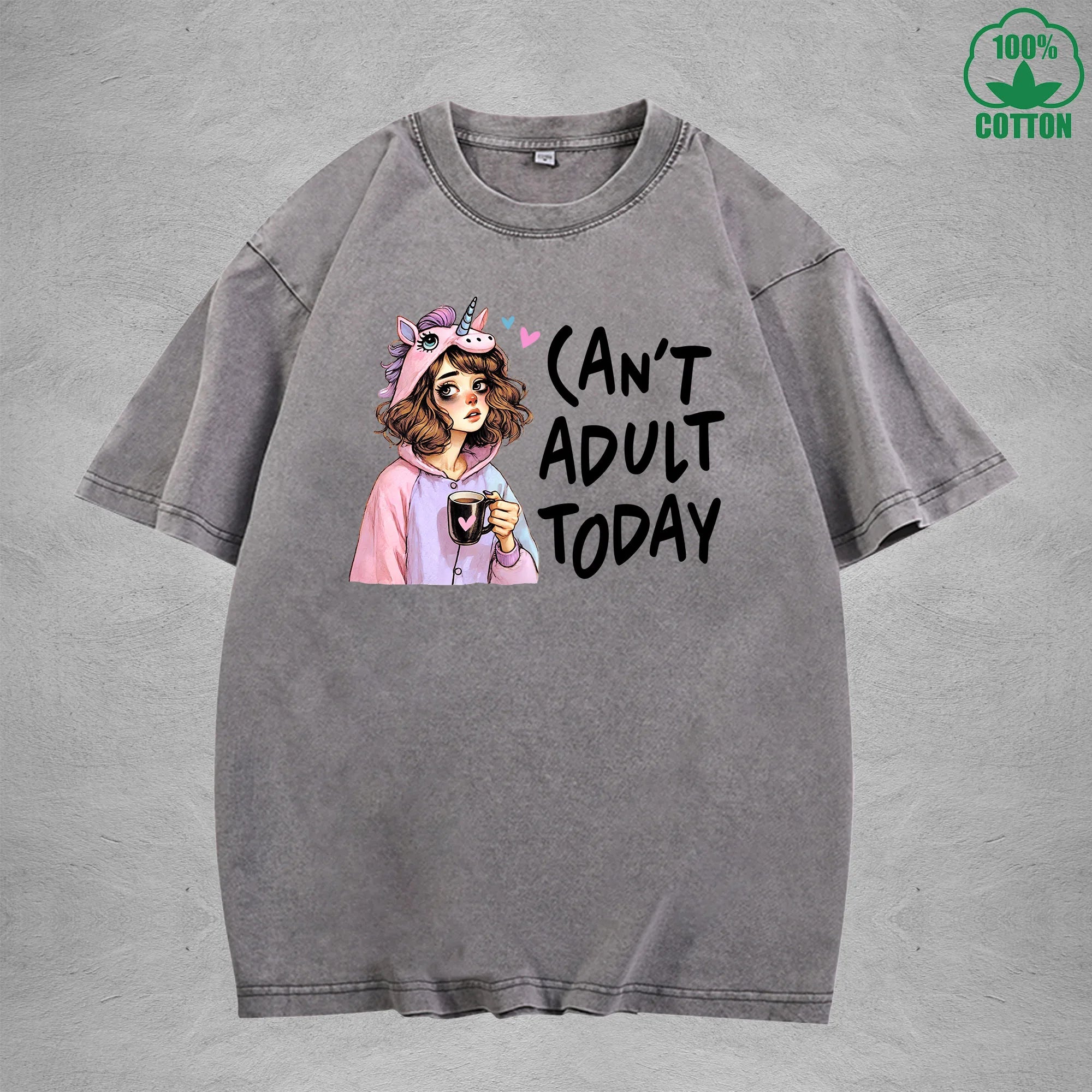 Can't Adult TodayInterest Printed Washed T-Shirt 230G Loose Trendy Fashionable 100%Cotton Short Sleeve Top