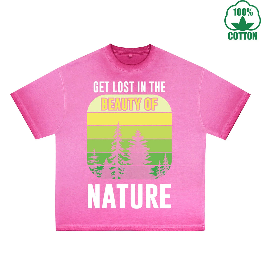 Nature Printed Dirty WashT-Shirt 230G Multicolor Loose Trendy Fashionable 100%Cotton Short Sleeve Top