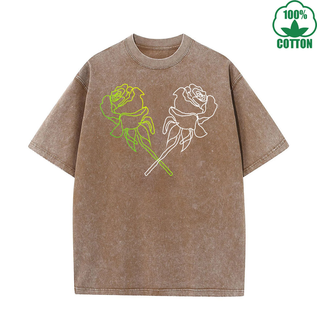 Neon Rose Printed Washed T-Shirt 230G Multicolor Loose Trendy Fashionable Cotton Short Sleeve Top Clearance
