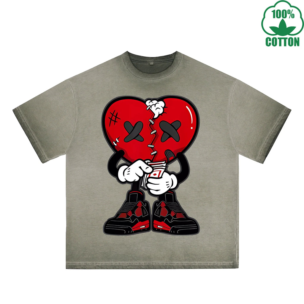 Injured Heart Printed Dirty WashT-Shirt 230G Multicolor Loose Trendy Fashionable 100%Cotton Short Sleeve Top