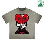 Injured Heart Printed Dirty WashT-Shirt 230G Multicolor Loose Trendy Fashionable 100%Cotton Short Sleeve Top