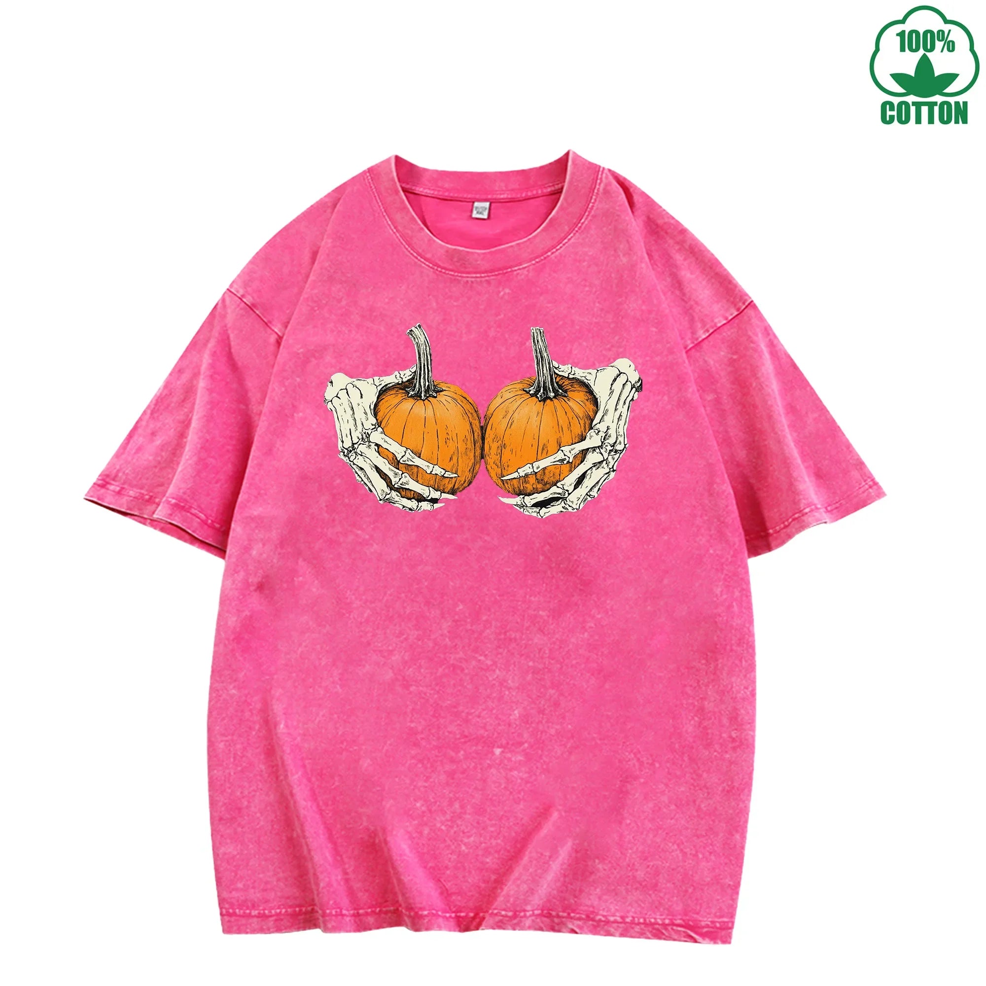 Holding a Pumpkin Fun And Quirky Printed Washed T-Shirt 230G Multicolor Loose Trendy Fashionable Cotton Short Sleeve Top