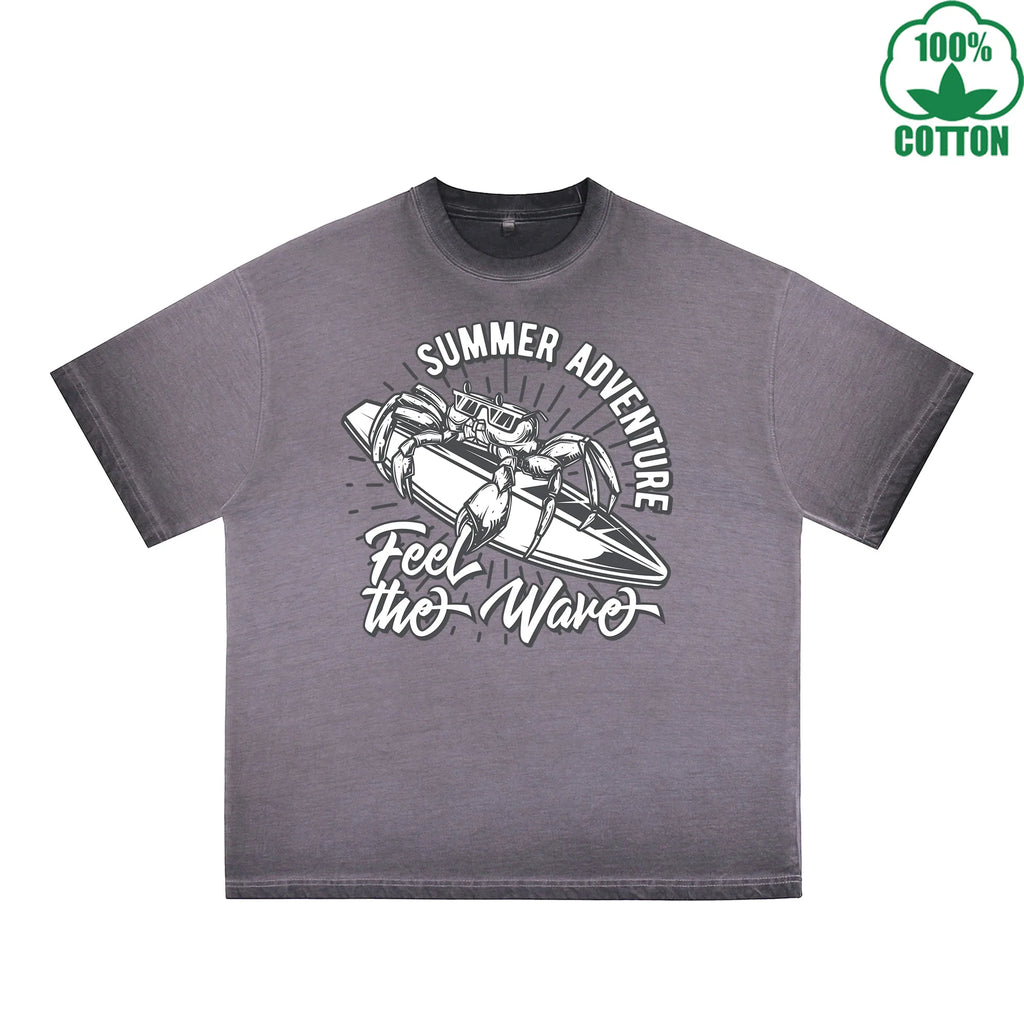 Summer Adventure Printed Dirty WashT-Shirt 230G Multicolor Loose Trendy Fashionable 100%Cotton Short Sleeve Top