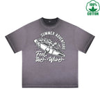 Summer Adventure Printed Dirty WashT-Shirt 230G Multicolor Loose Trendy Fashionable 100%Cotton Short Sleeve Top