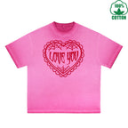 Love You Printed Dirty WashT-Shirt 230G Multicolor Loose Trendy Short Sleeves Fashionable 100%Cotton Top