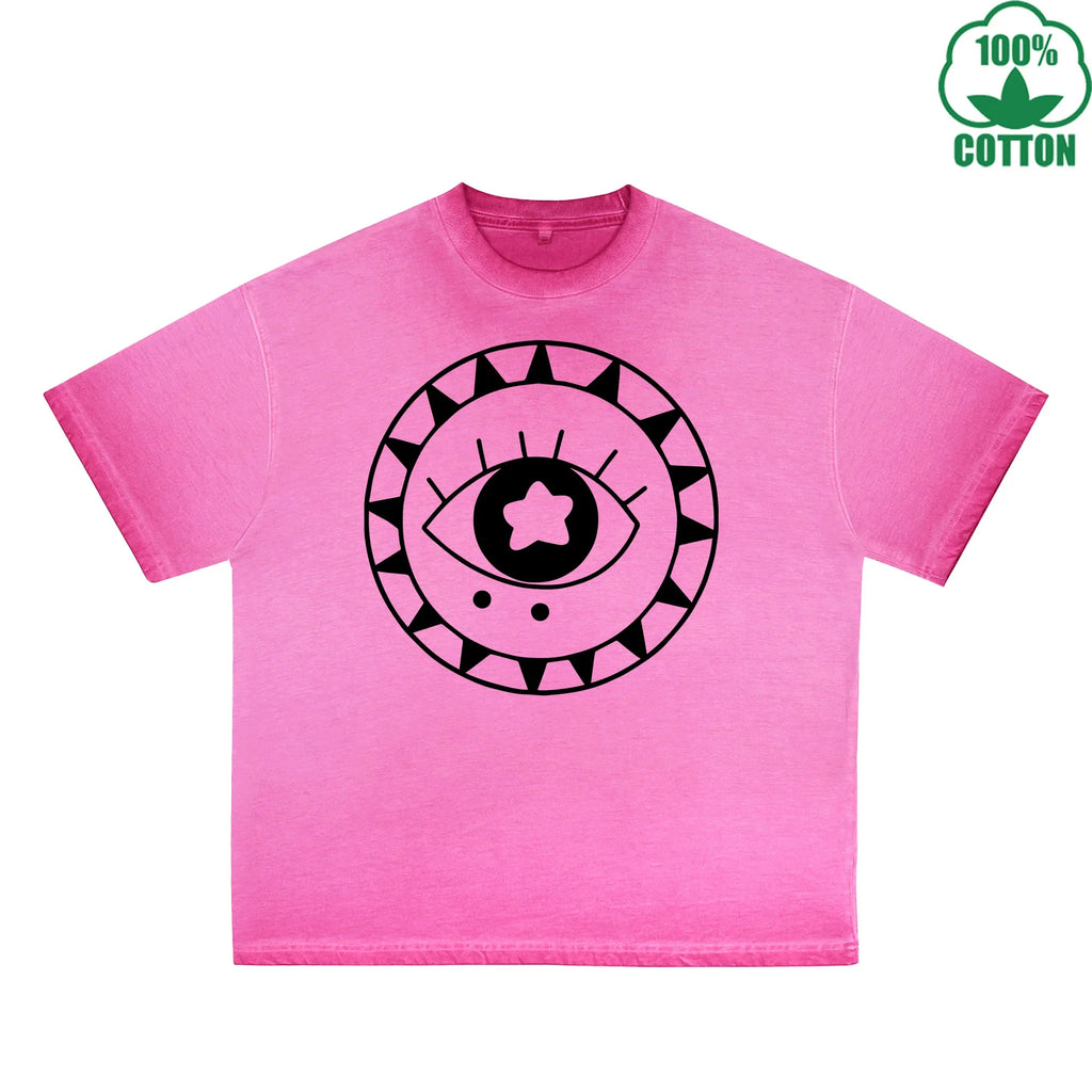 Crystal Ball Printed Dirty WashT-Shirt 230G Multicolor Loose Trendy Fashionable 100%Cotton Short Sleeve Top