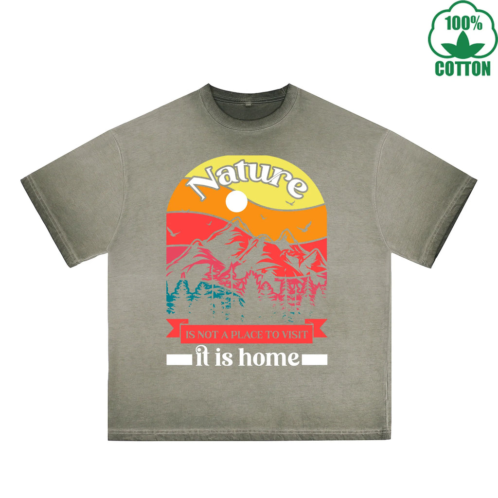 Go With All Your Heart Printed Dirty WashT-Shirt 230G Multicolor Loose Trendy Fashionable 100%Cotton Short Sleeve Top
