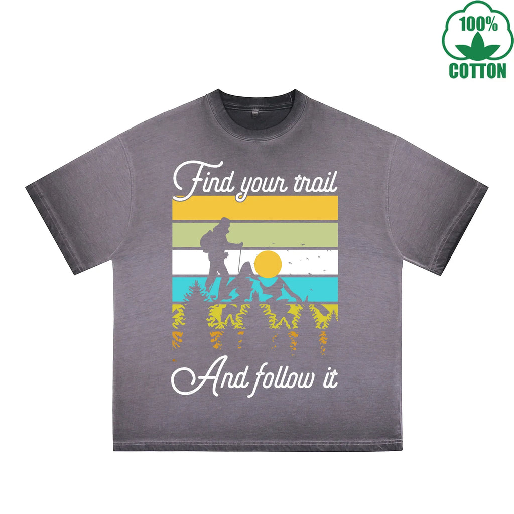 Outdoor Adventure Printed Dirty WashT-Shirt 230G Multicolor Loose Trendy Fashionable 100%Cotton Short Sleeve Top