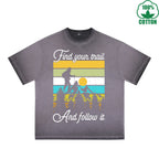 Outdoor Adventure Printed Dirty WashT-Shirt 230G Multicolor Loose Trendy Fashionable 100%Cotton Short Sleeve Top