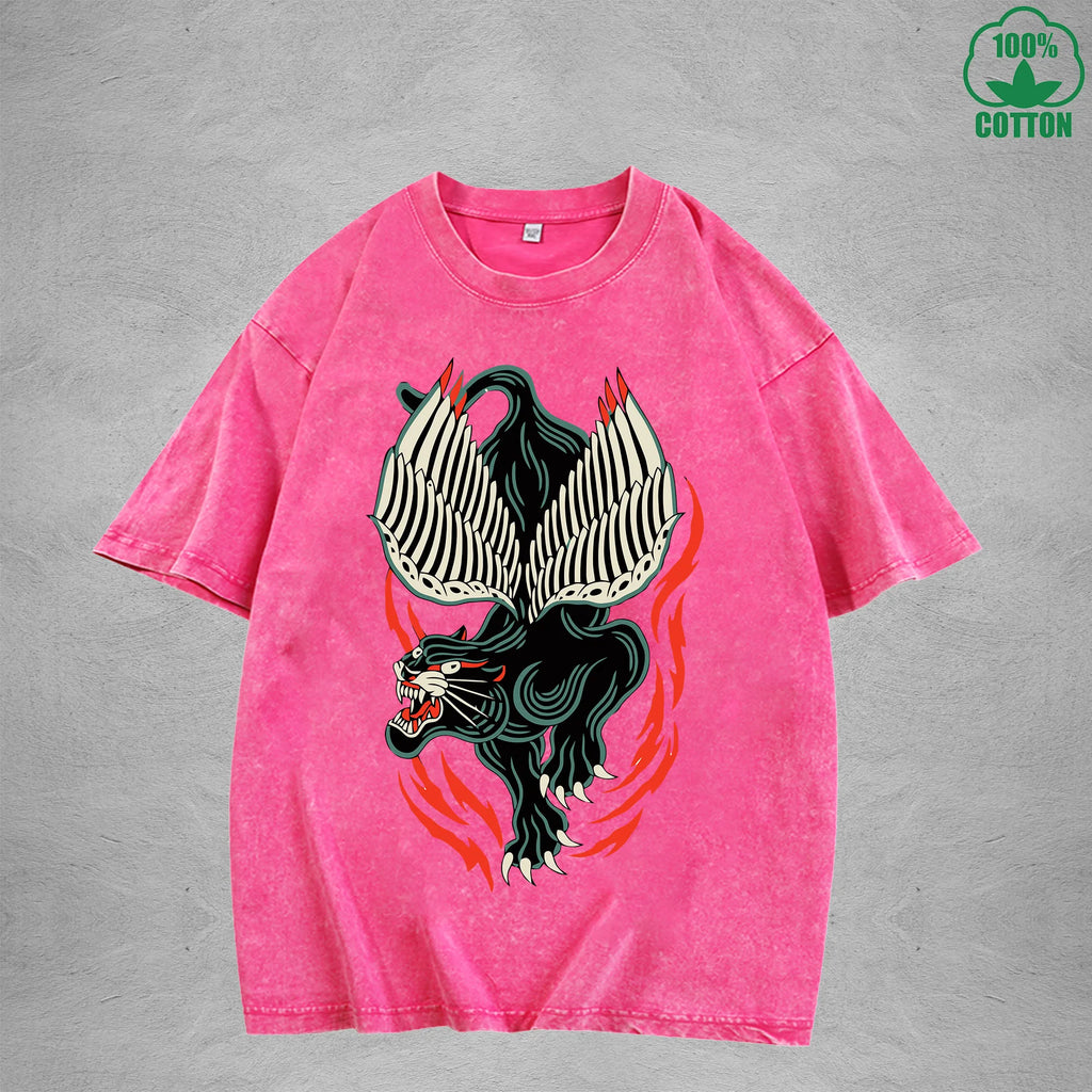 Flying Black TigerInterest Printed Washed T-Shirt 230G Multicolor Loose Trendy Fashionable 100%Cotton Short Sleeve Top