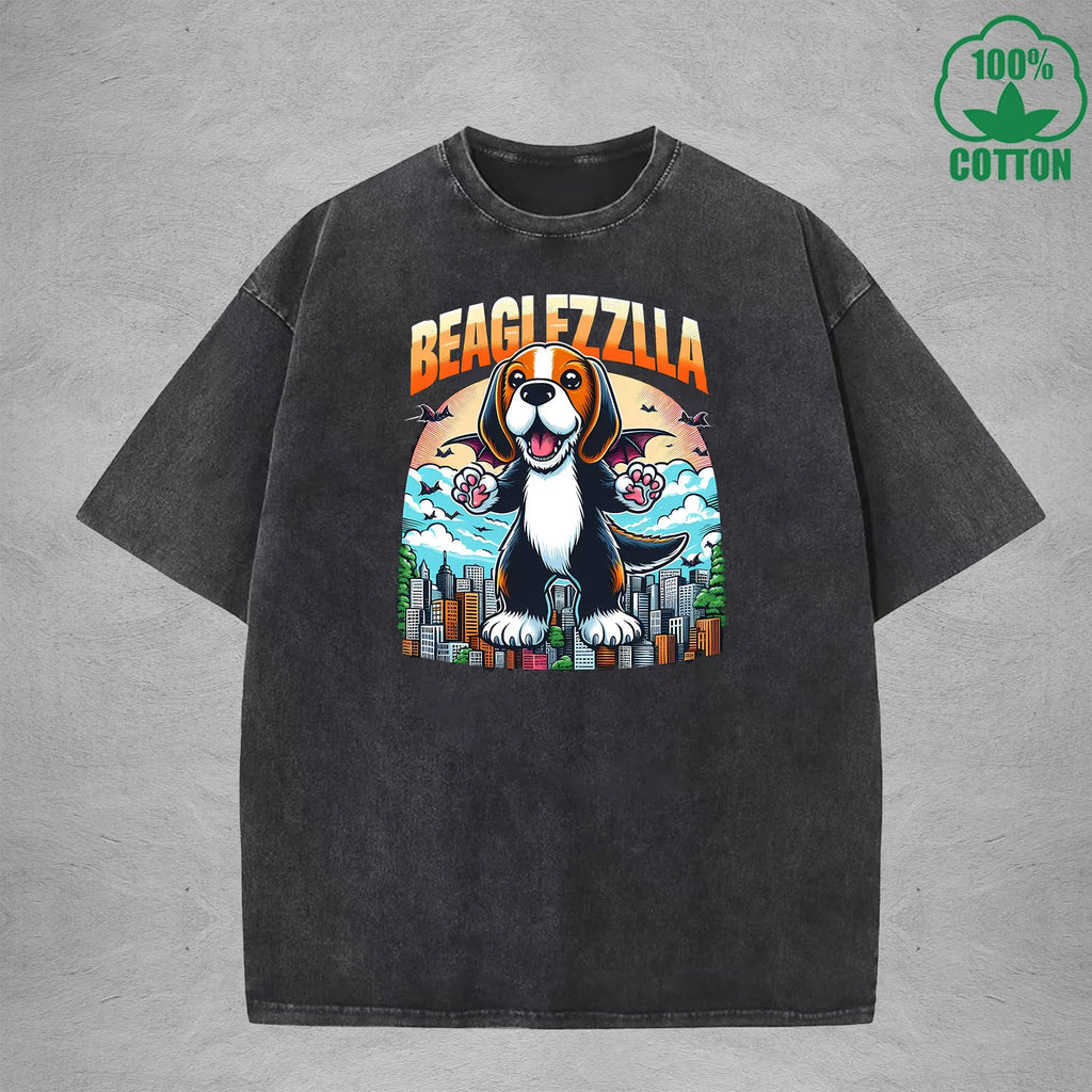 BeaglfizzllaInterest Printed Washed T-Shirt 230G Loose Trendy Fashionable 100%Cotton Short Sleeve Top