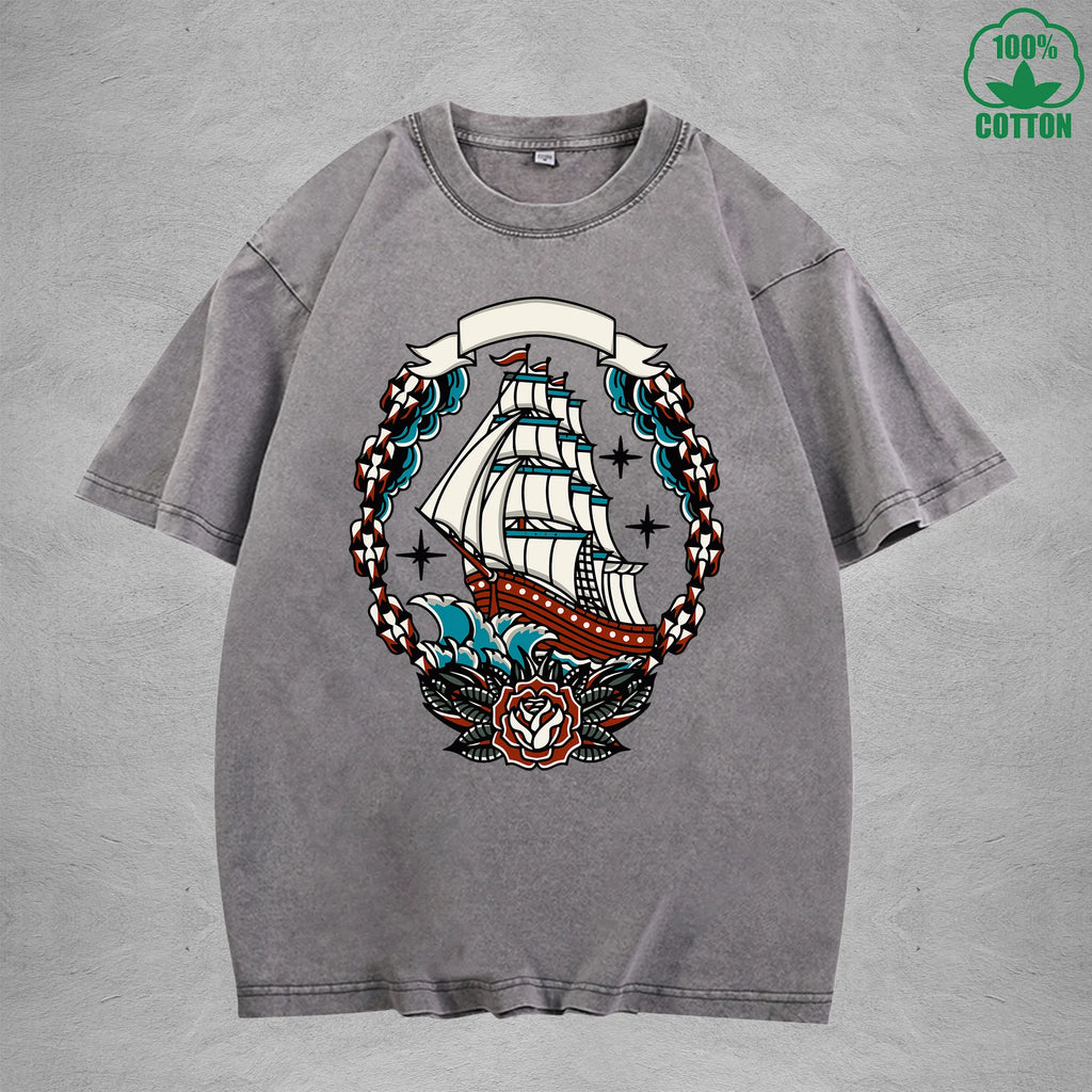 Naval AdventureInterest Printed Washed T-Shirt 230G Multicolor Loose Trendy Fashionable 100%Cotton Short Sleeve Top