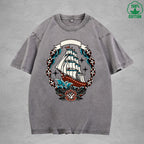 Naval AdventureInterest Printed Washed T-Shirt 230G Multicolor Loose Trendy Fashionable 100%Cotton Short Sleeve Top