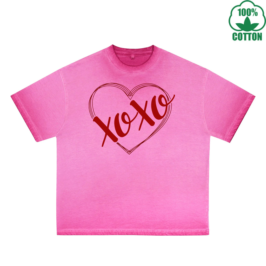 Xoxo Printed Dirty Wash T-Shirt 230G Multicolor Loose Trendy Fashionable 100%Cotton Short Sleeve Top