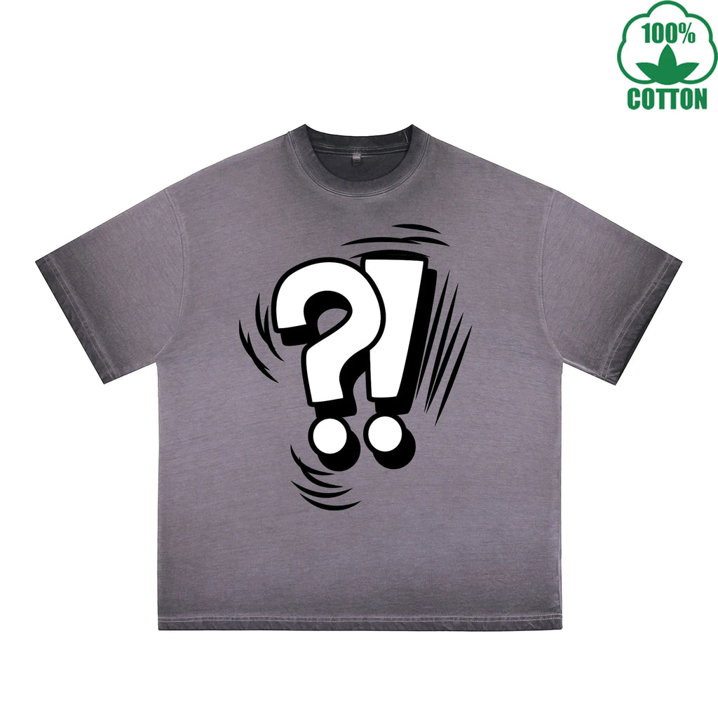 Question Mark Printed Dirty WashT-Shirt 230G Multicolor Loose Trendy Fashionable 100%Cotton Short Sleeve Top