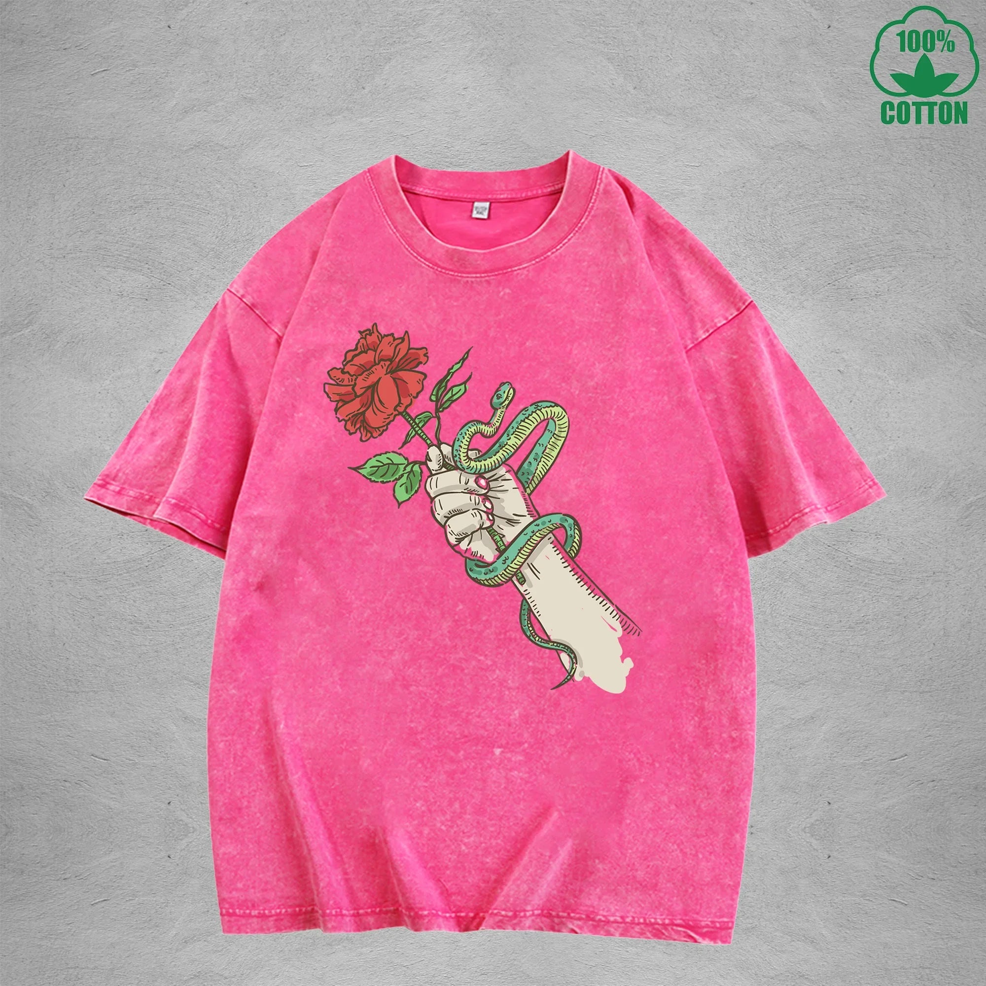 Roses And Vipers Printed Washed T-Shirt 230G Multicolor Minimalist Loose Trendy Fashionable Cotton Short Sleeve Top