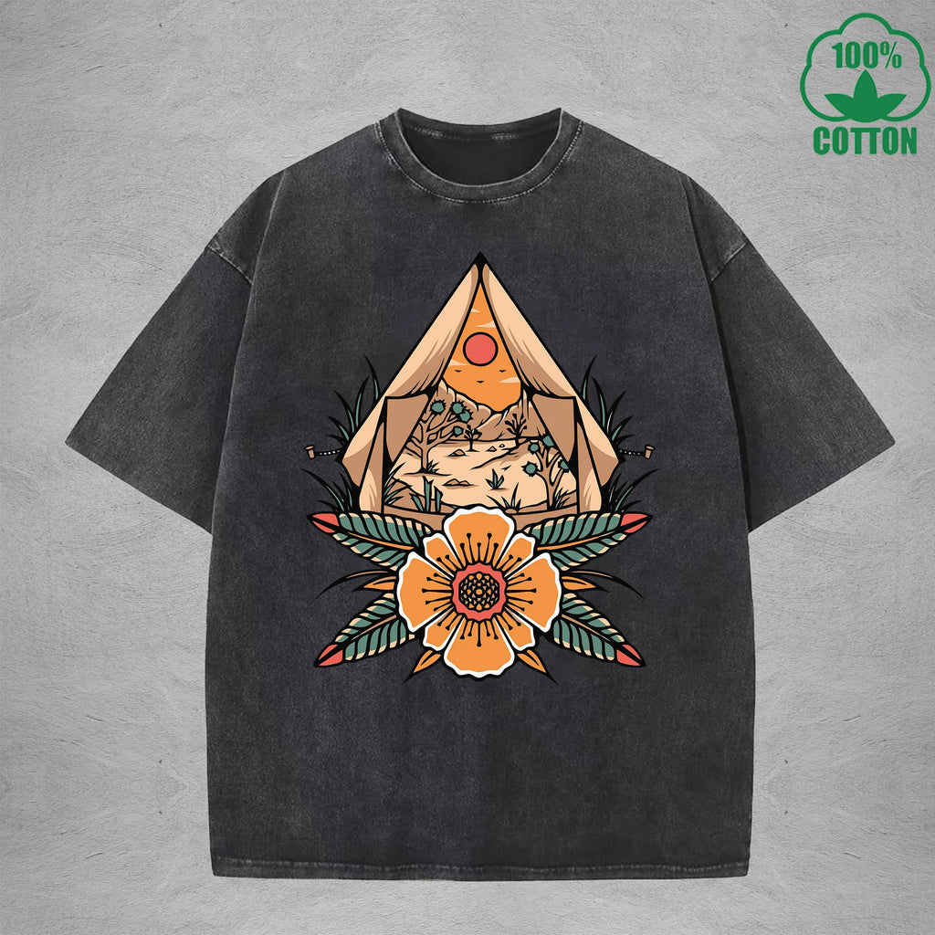 Desert CampInterest Printed Washed T-Shirt 230G Multicolor Loose Trendy Fashionable 100%Cotton Short Sleeve Top