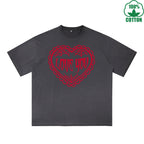 Love You Printed Dirty WashT-Shirt 230G Multicolor Loose Trendy Short Sleeves Fashionable 100%Cotton Top
