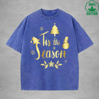 Merry Christmas Interest Printed Washed T-Shirt 230G Multicolor Loose Trendy Fashionable 100%Cotton Short Sleeve Top