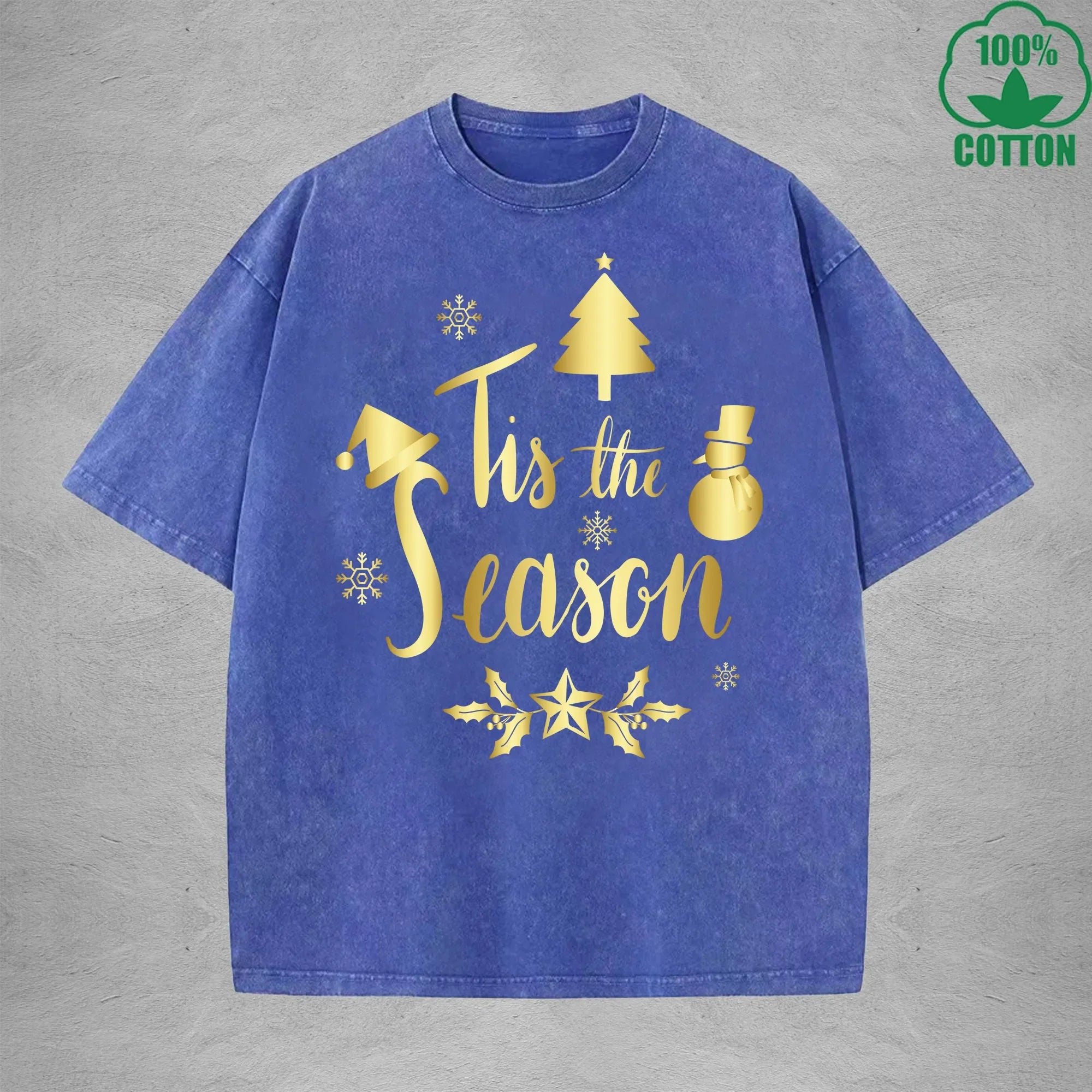 Merry Christmas Interest Printed Washed T-Shirt 230G Multicolor Loose Trendy Fashionable 100%Cotton Short Sleeve Top