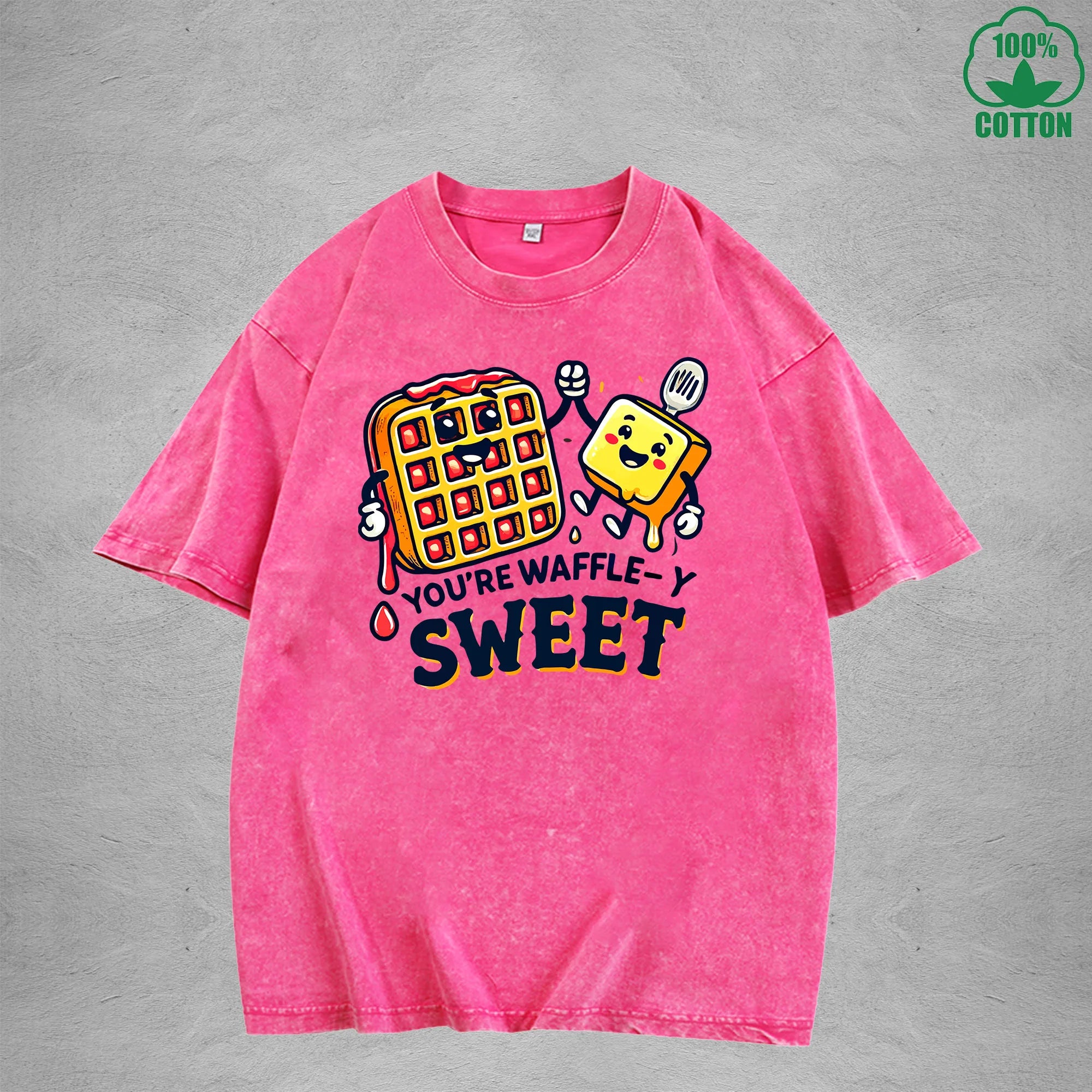 Waffle-Y SweetInterest Printed Washed T-Shirt 230G Loose Trendy Fashionable 100%Cotton Short Sleeve Top