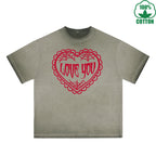 Love You Printed Dirty WashT-Shirt 230G Multicolor Loose Trendy Short Sleeves Fashionable 100%Cotton Top