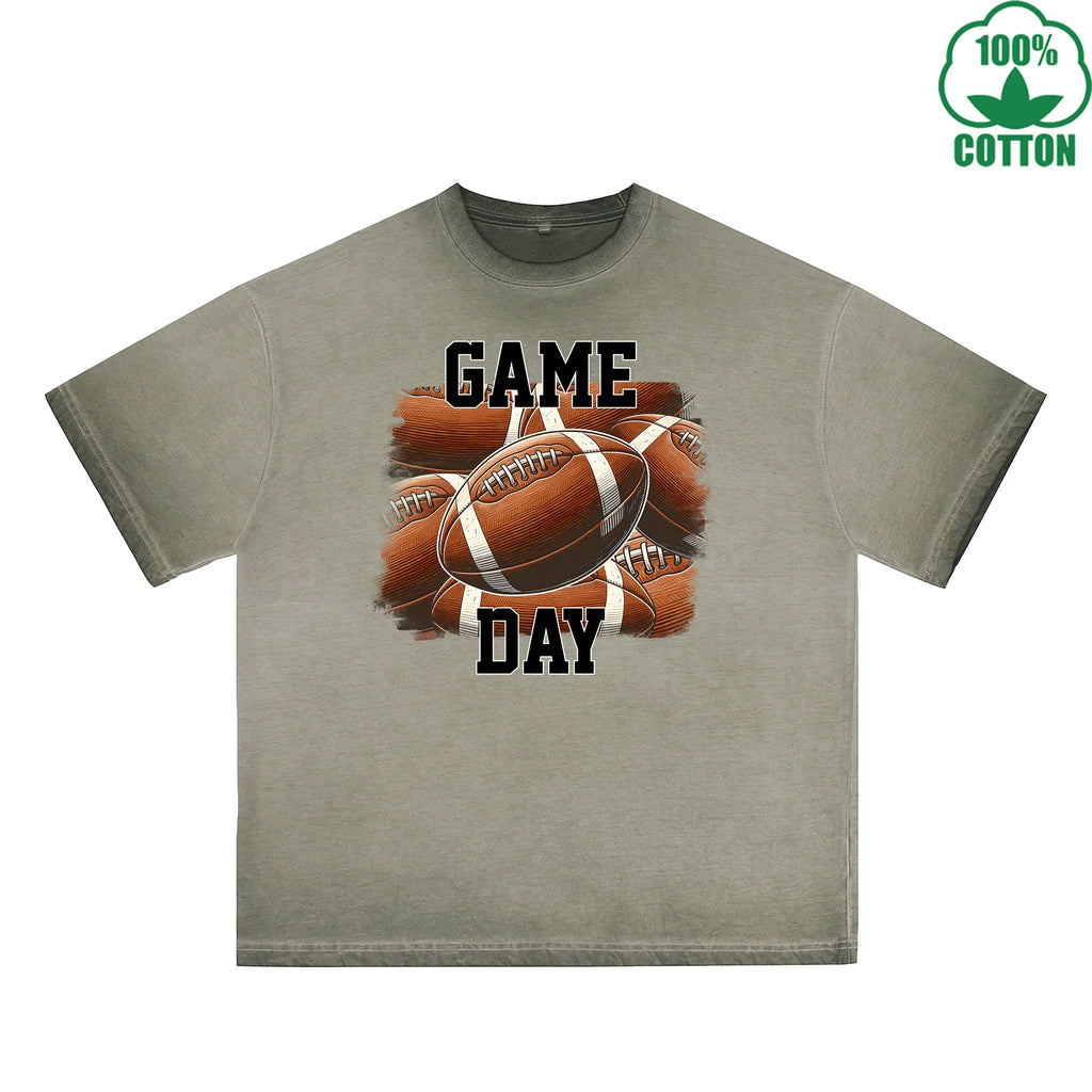 Game Day Printed Dirty Wash T-Shirt 230G Multicolor Loose Trendy Fashionable 100%Cotton Short Sleeve Top