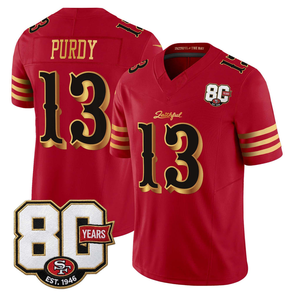 SF.49ers #13 Brock Purdy Red 80th Anniversary Patch Rivalries F.U.S.E. Vapor Limited Football Stitched Jersey