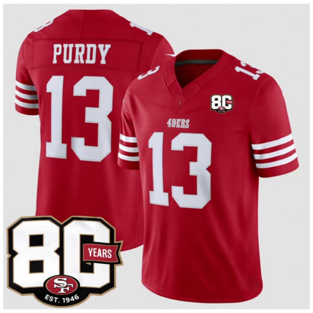 SF.49ers #13 Brock Purdy Red 80th Anniversary Patch 2026 F.U.S.E. Vapor Limited Football Stitched Jersey