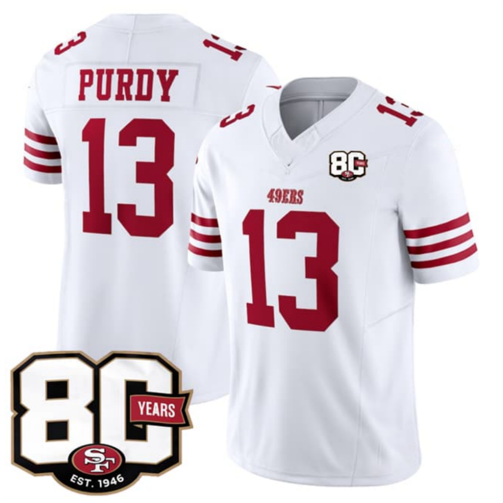 SF.49ers #13 Brock Purdy White 80th Anniversary Patch 2026 F.U.S.E. Vapor Limited Football Stitched Jersey