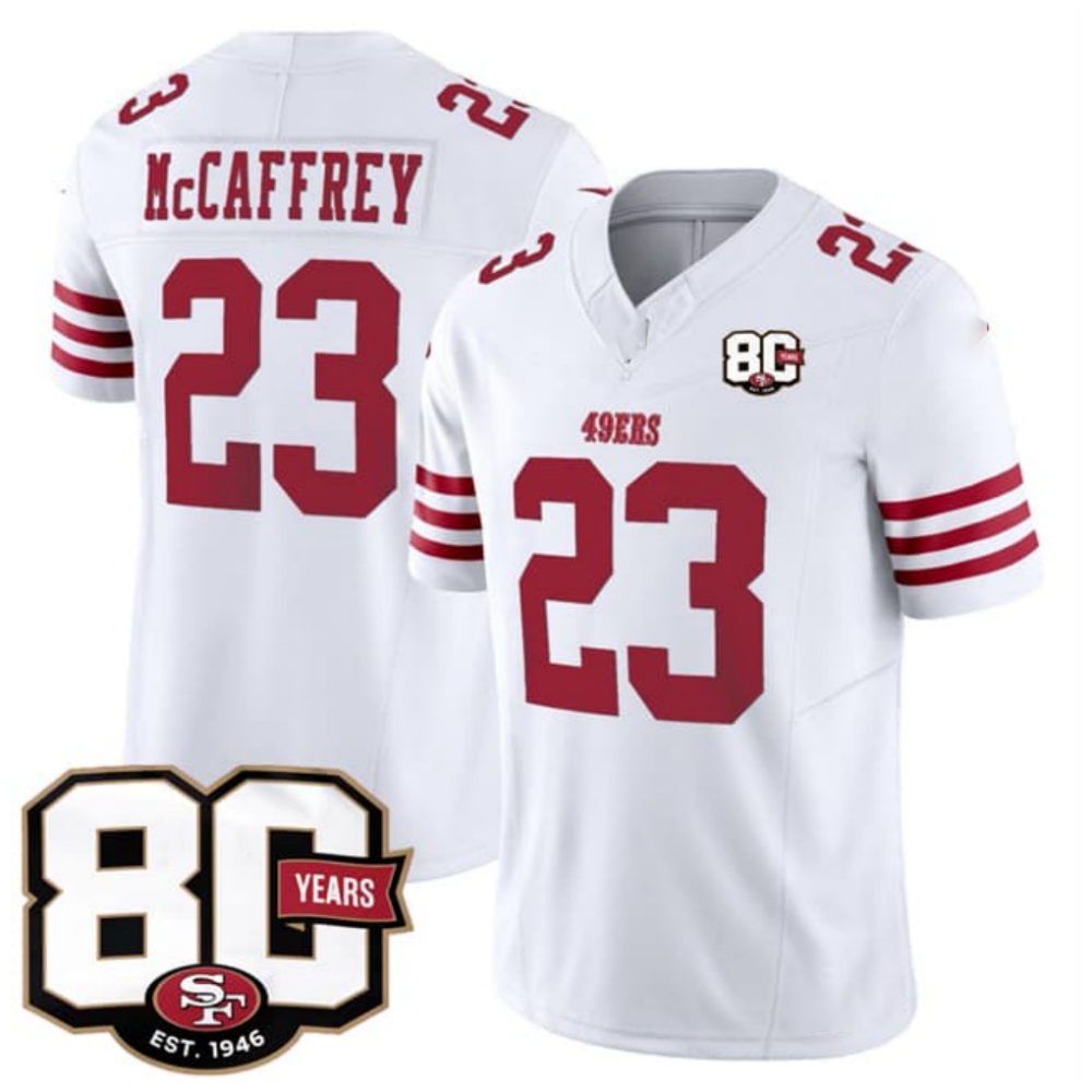 SF.49ers #23 Christian McCaffrey White 80th Anniversary Patch 2026 F.U.S.E. Vapor Limited Football Stitched Jersey