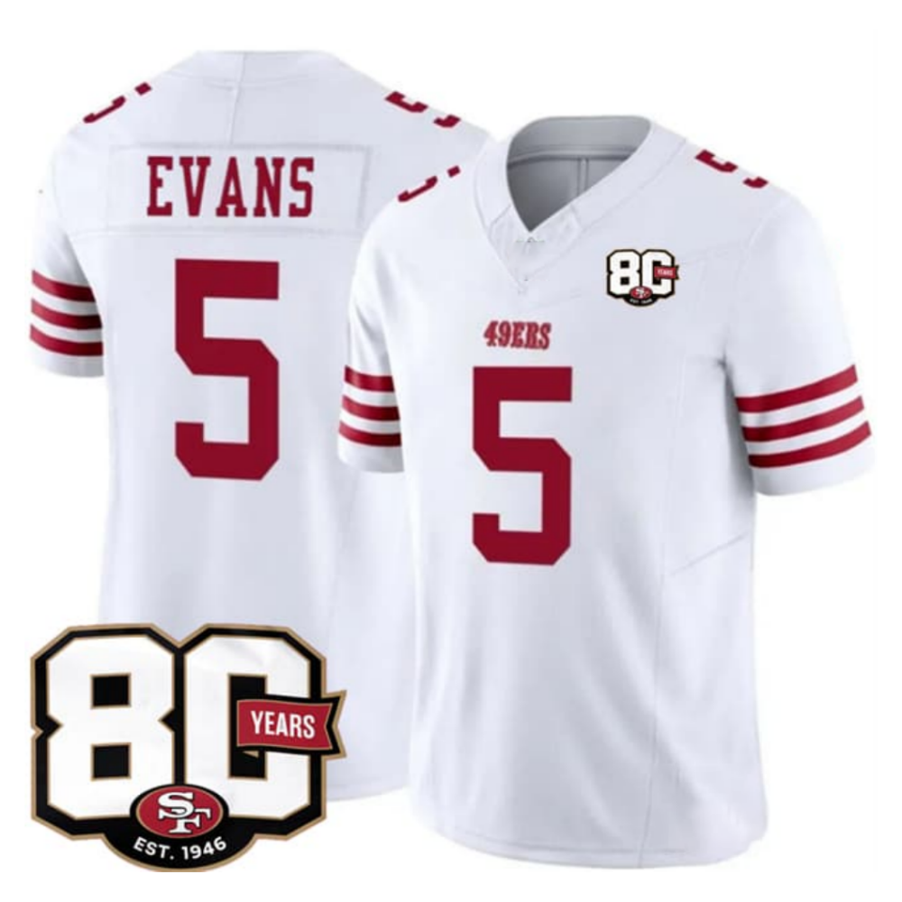 SF.49ers #5 Mike Evans White 80th Anniversary Patch 2026 F.U.S.E. Vapor Limited Football Stitched Jersey